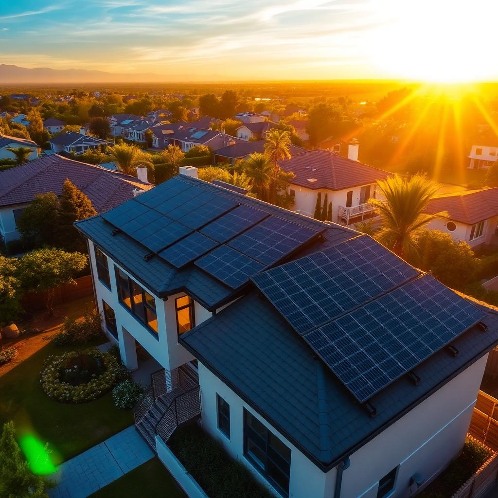 Modern home with rooftop solar array at golden hour